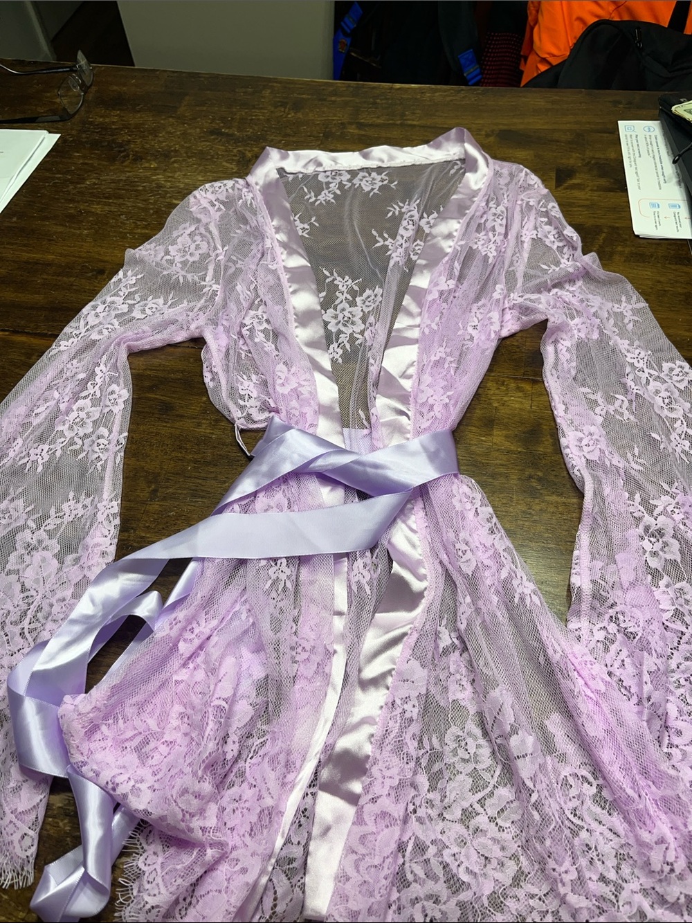Sheer Lace Robe with Satin Trim - Lavender size small